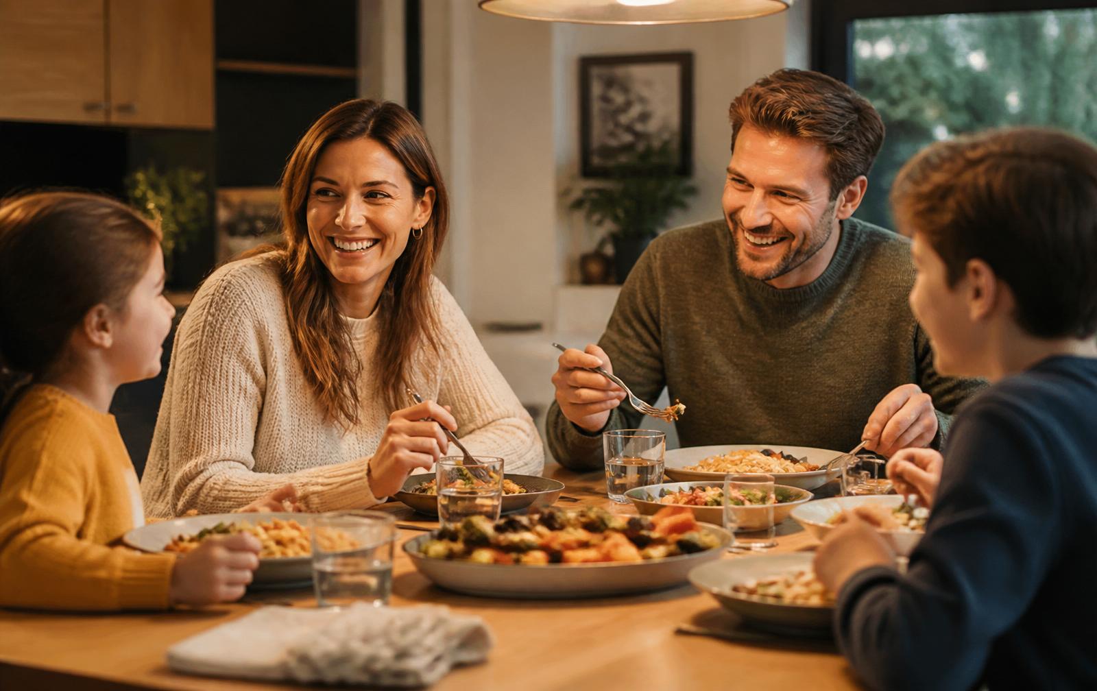 A family of four laughing around a dinner table sharing a home-cooked meal