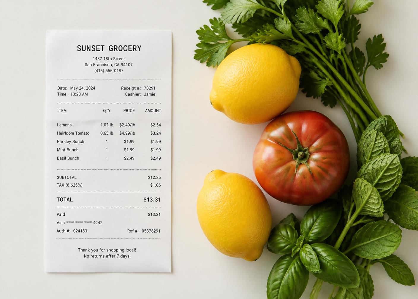 A printed grocery receipt on a soft off-white surface beside fresh lemons, tomato, parsley, mint and basil
