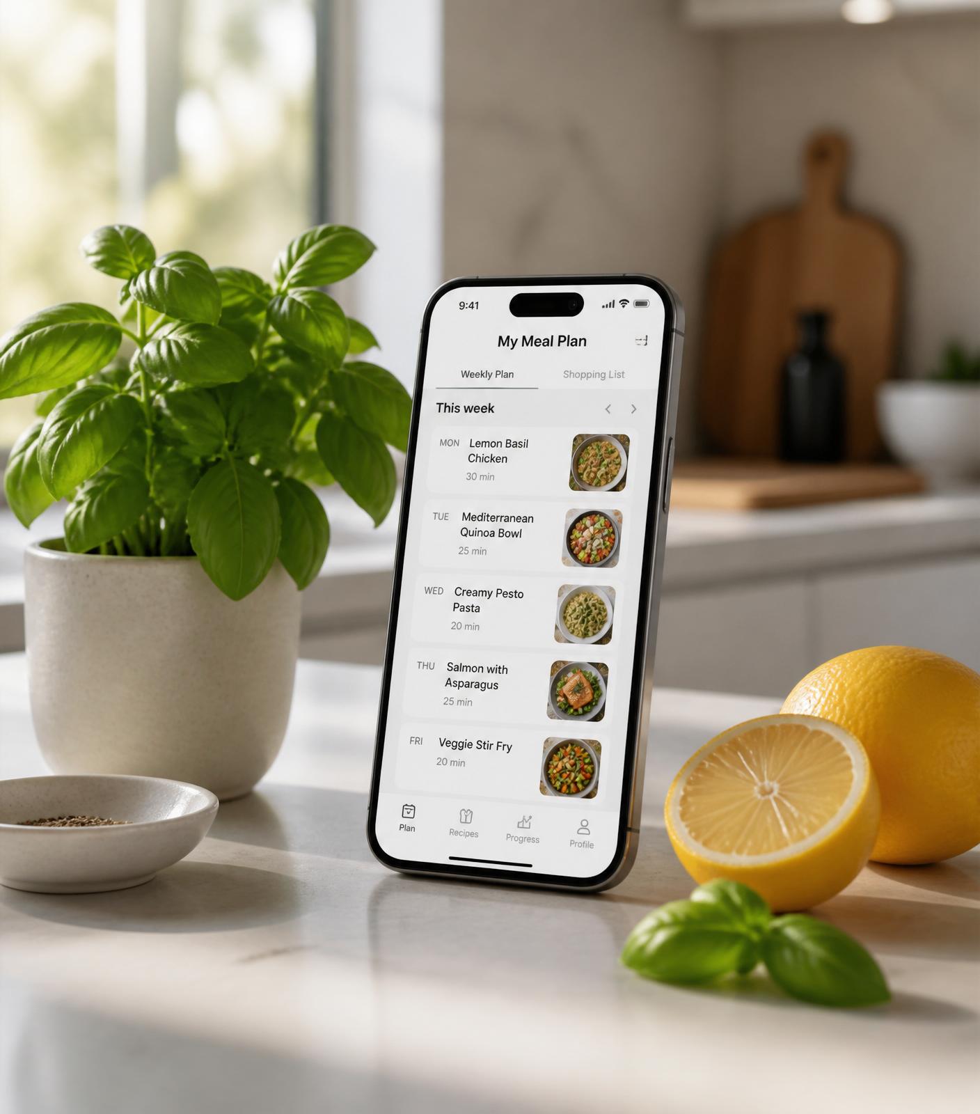 Smartphone on a kitchen counter showing a weekly meal plan with a lemon and basil beside it